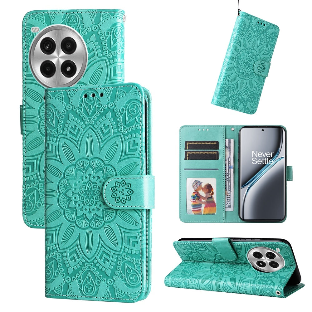 OnePlus Ace 3 Pro Sunflower Embossed Leather Wallet Phone Case with Kickstand and Card Holder