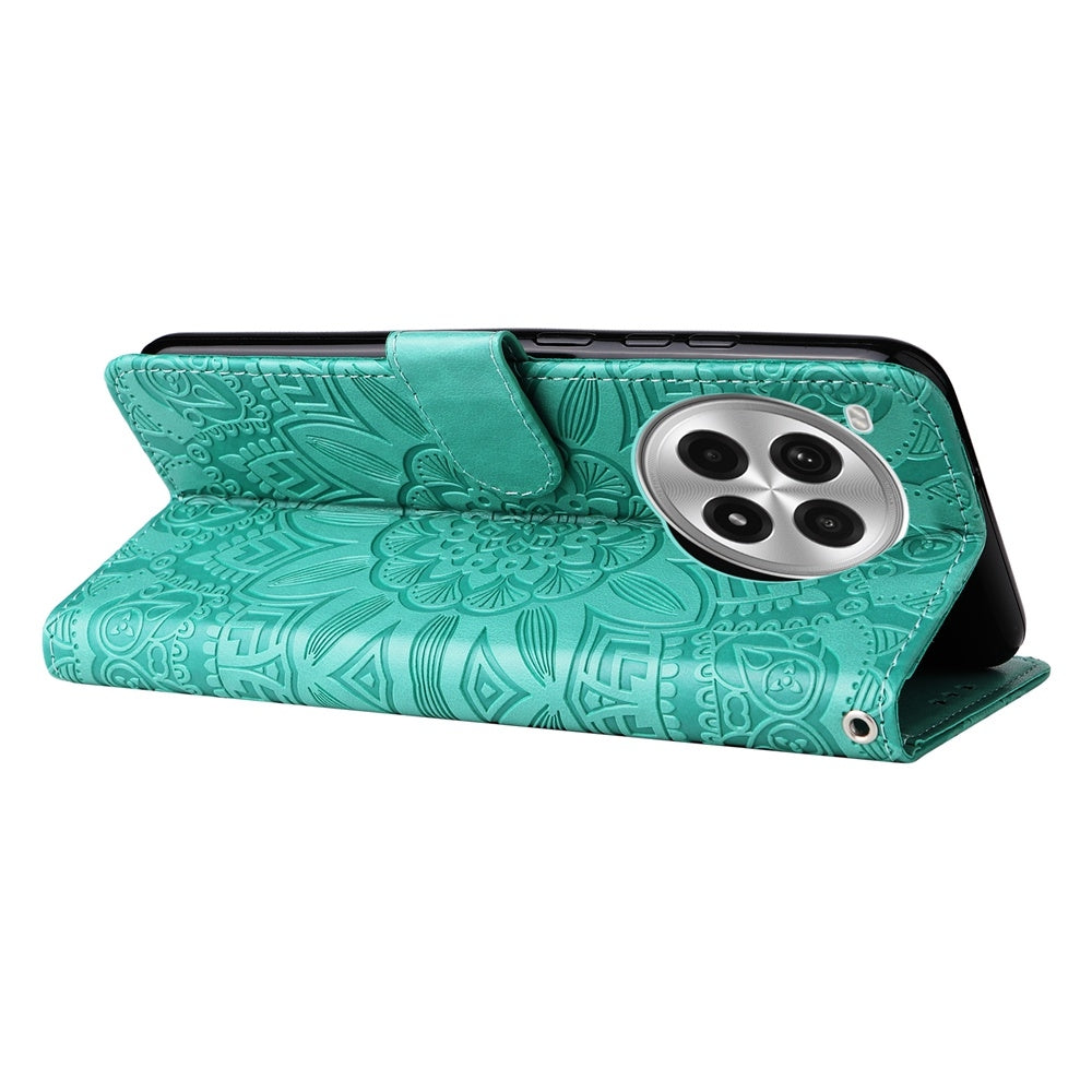 OnePlus Ace 3 Pro Sunflower Embossed Leather Wallet Phone Case with Kickstand and Card Holder