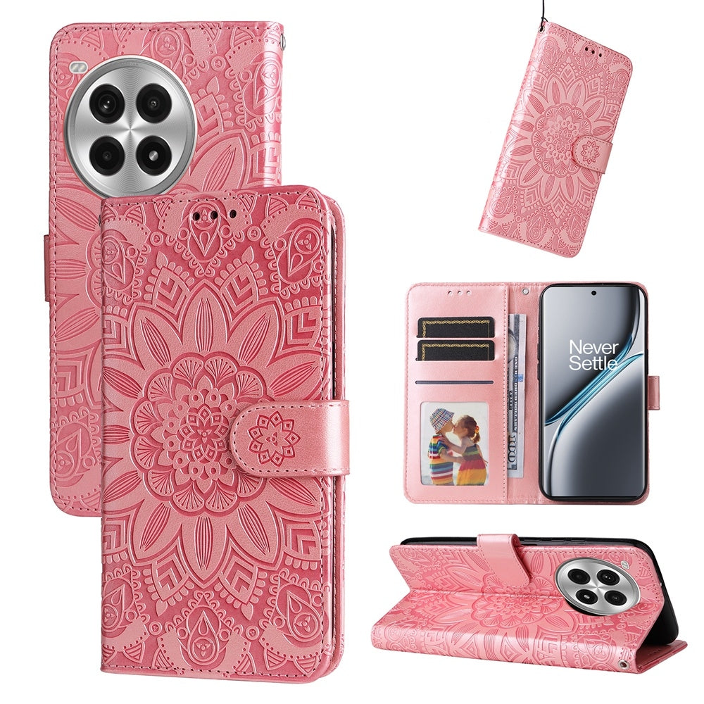 OnePlus Ace 3 Pro Sunflower Embossed Leather Wallet Phone Case with Kickstand and Card Holder