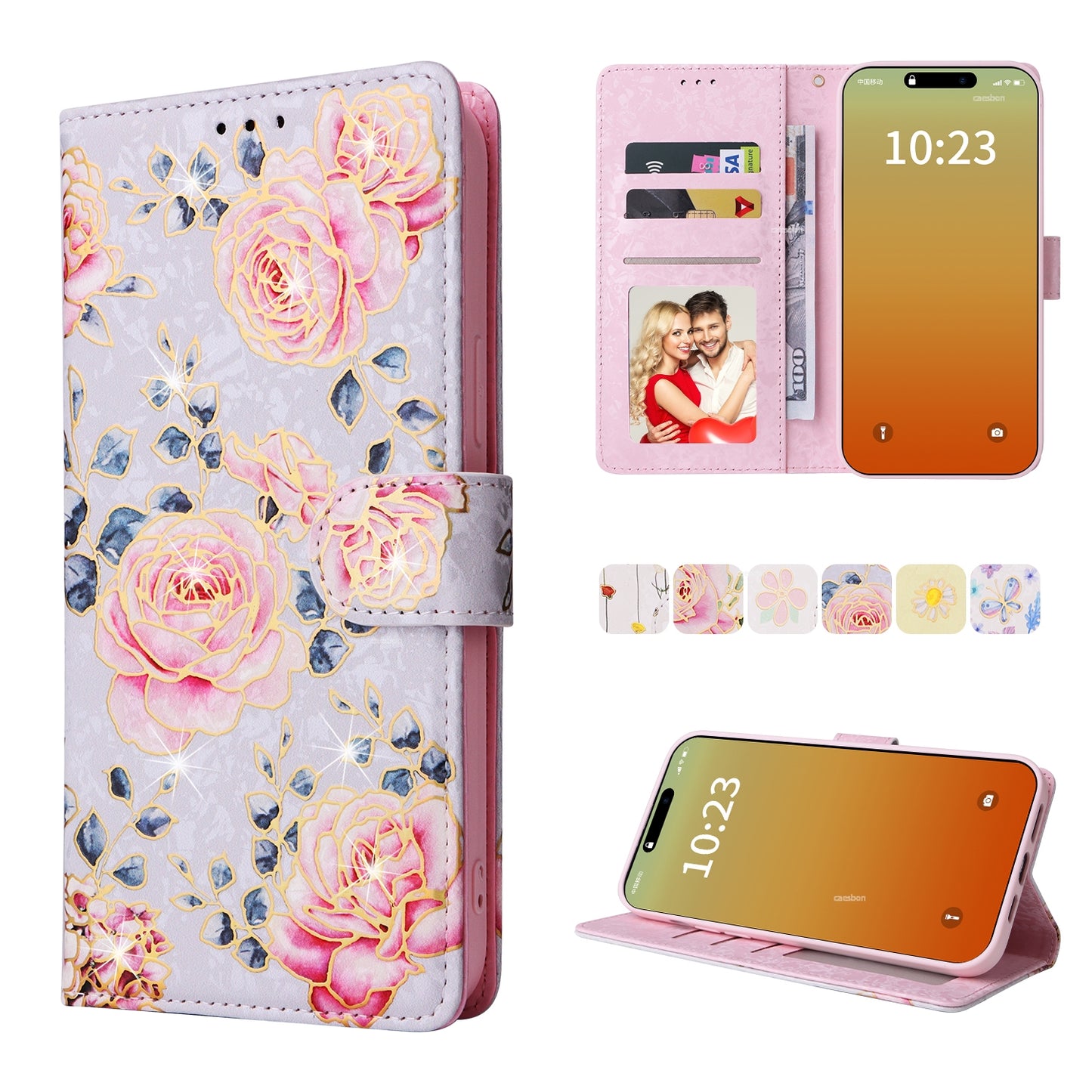 iPhone 15 Pro Max Luxury Bronzing Leather Case - Floral RFID Wallet Cover with Stand & Card Slots