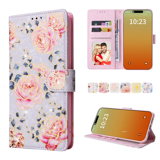 iPhone 15 Pro Max Luxury Bronzing Leather Case - Floral RFID Wallet Cover with Stand & Card Slots
