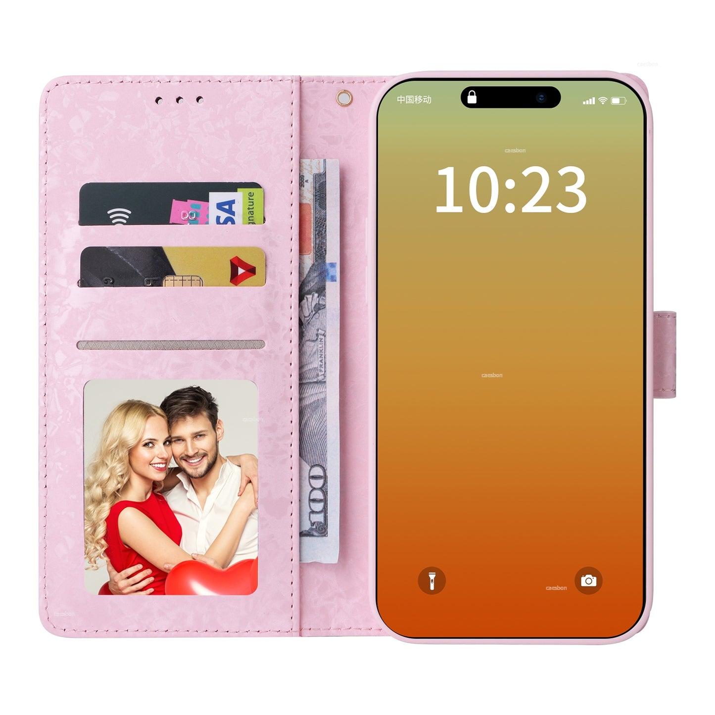 iPhone 15 Pro Max Luxury Bronzing Leather Case - Floral RFID Wallet Cover with Stand & Card Slots