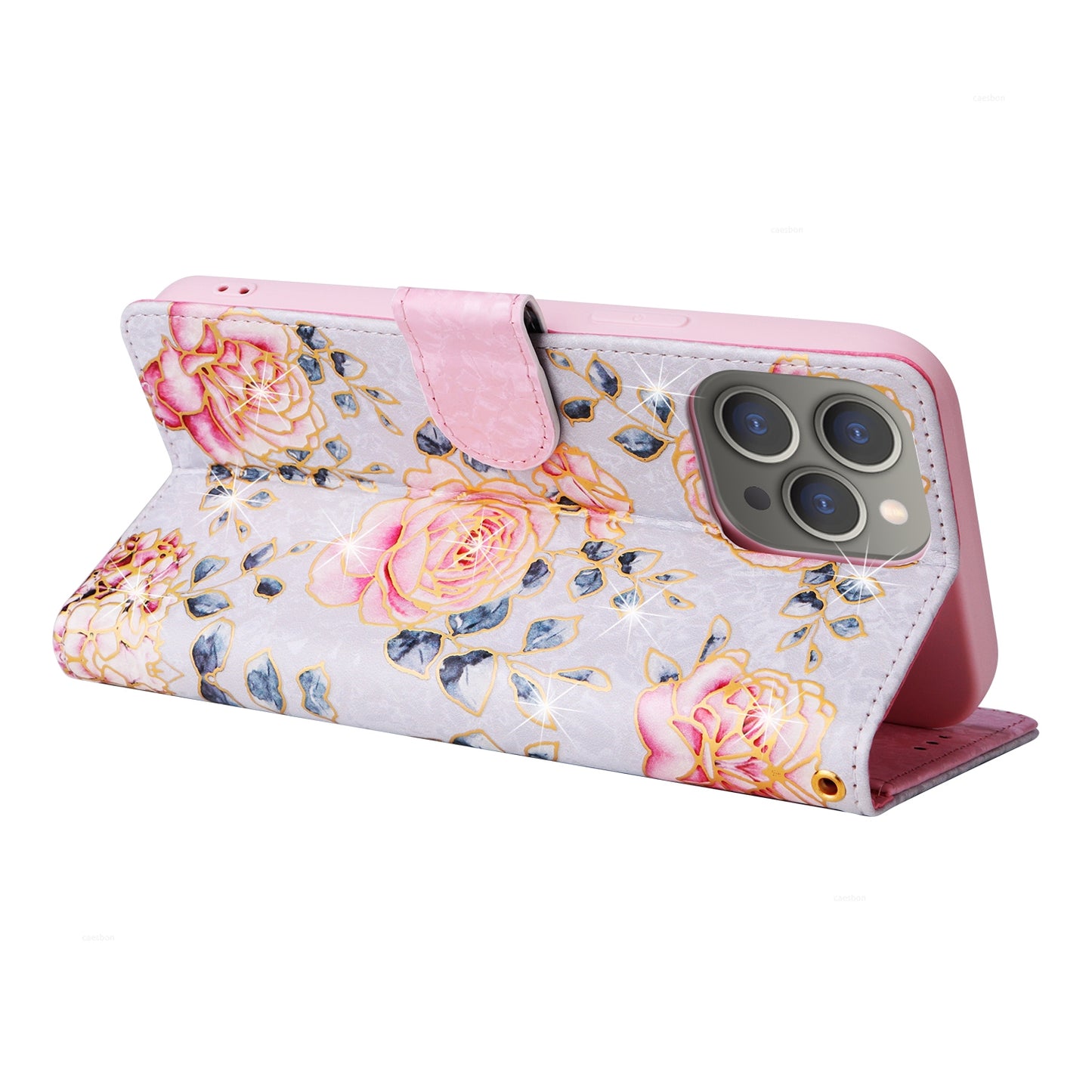 iPhone 15 Pro Max Luxury Bronzing Leather Case - Floral RFID Wallet Cover with Stand & Card Slots