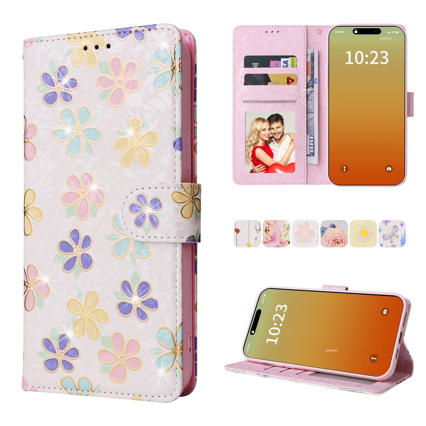iPhone 15 Pro Max Luxury Bronzing Leather Case - Floral RFID Wallet Cover with Stand & Card Slots