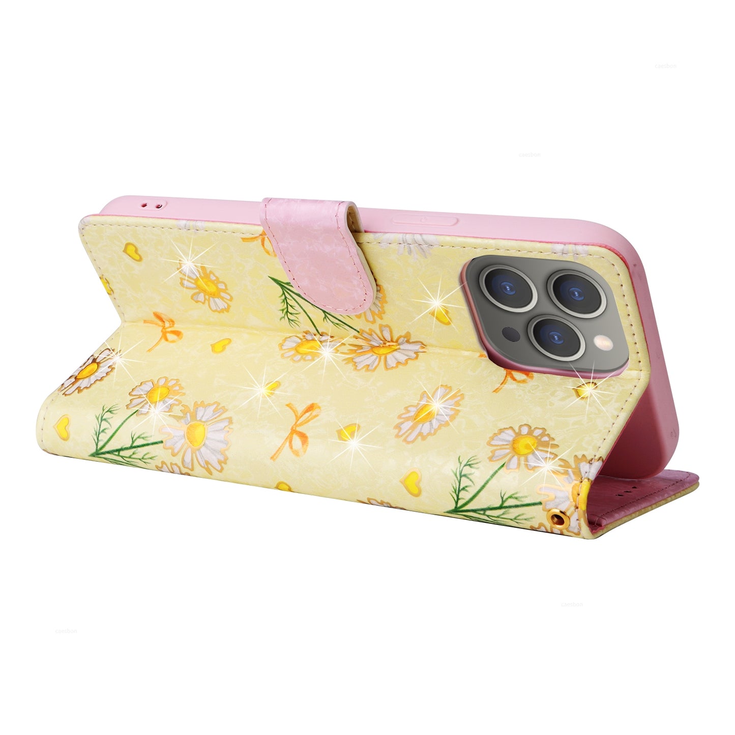 iPhone 15 Pro Max Luxury Bronzing Leather Case - Floral RFID Wallet Cover with Stand & Card Slots