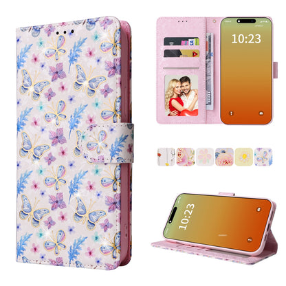 iPhone 15 Pro Max Luxury Bronzing Leather Case - Floral RFID Wallet Cover with Stand & Card Slots