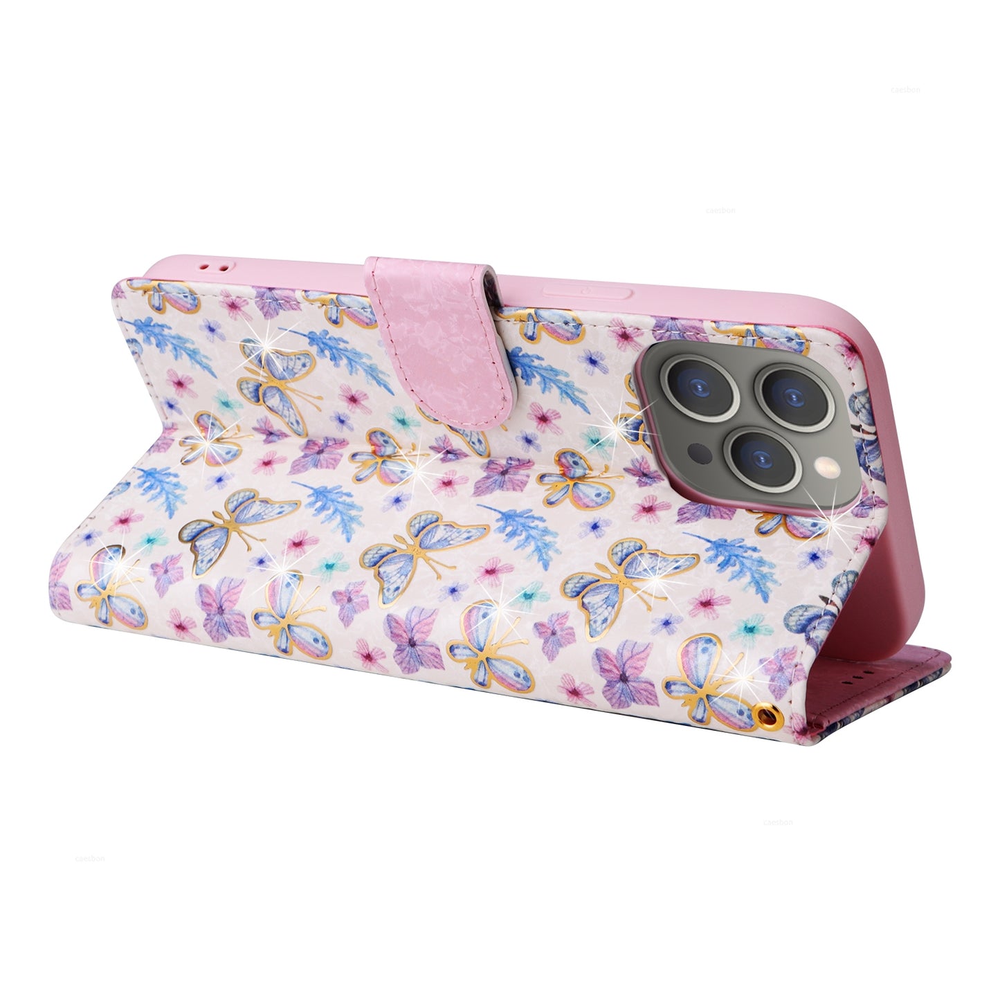 iPhone 15 Pro Max Luxury Bronzing Leather Case - Floral RFID Wallet Cover with Stand & Card Slots