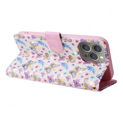 iPhone 15 Pro Max Luxury Bronzing Leather Case - Floral RFID Wallet Cover with Stand & Card Slots