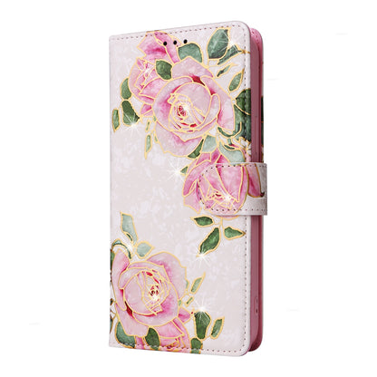iPhone 15 Pro Max Luxury Bronzing Leather Case - Floral RFID Wallet Cover with Stand & Card Slots