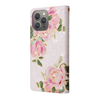 iPhone 15 Pro Max Luxury Bronzing Leather Case - Floral RFID Wallet Cover with Stand & Card Slots