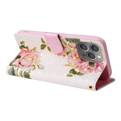 iPhone 15 Pro Max Luxury Bronzing Leather Case - Floral RFID Wallet Cover with Stand & Card Slots