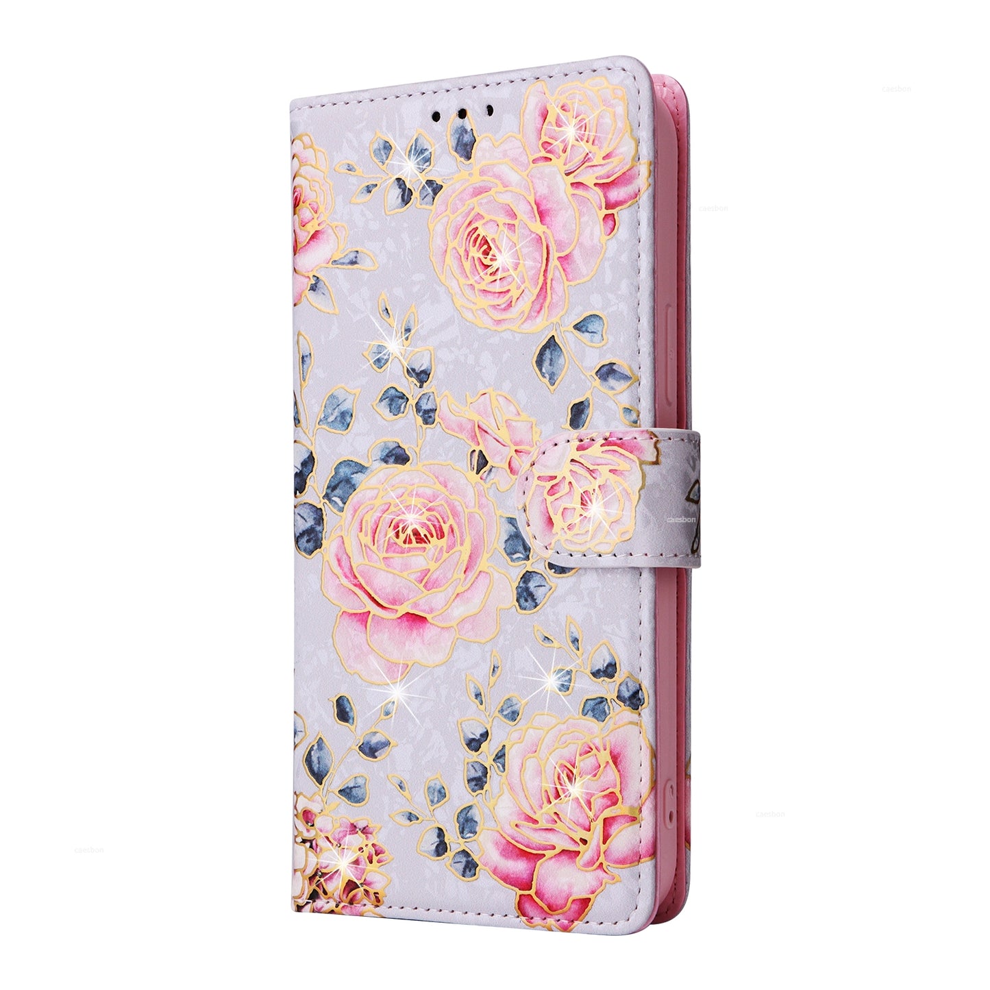 iPhone 15 Pro Luxury Bronzing Leather Case - Floral RFID Wallet Cover with Stand & Card Slots