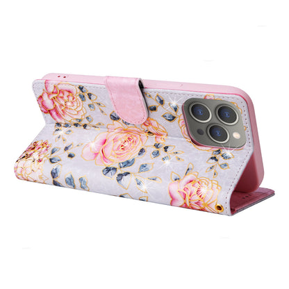 iPhone 15 Pro Luxury Bronzing Leather Case - Floral RFID Wallet Cover with Stand & Card Slots