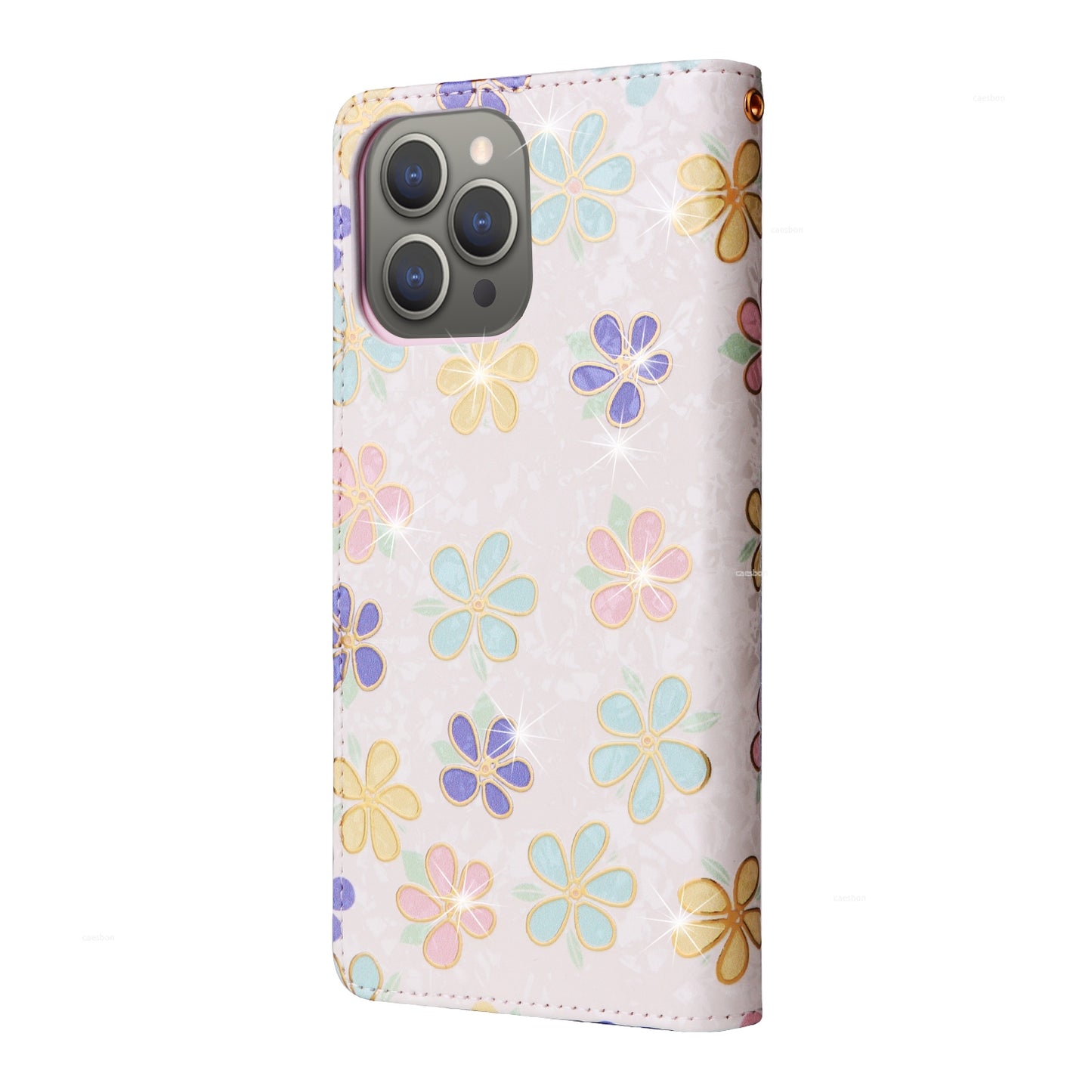 iPhone 15 Pro Luxury Bronzing Leather Case - Floral RFID Wallet Cover with Stand & Card Slots