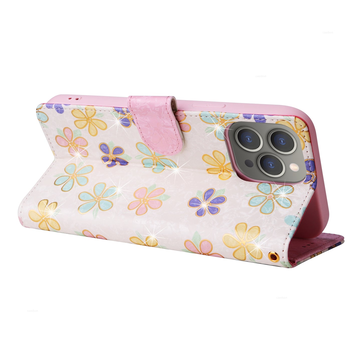 iPhone 15 Pro Luxury Bronzing Leather Case - Floral RFID Wallet Cover with Stand & Card Slots