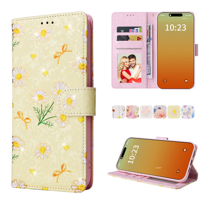 iPhone 15 Pro Luxury Bronzing Leather Case - Floral RFID Wallet Cover with Stand & Card Slots