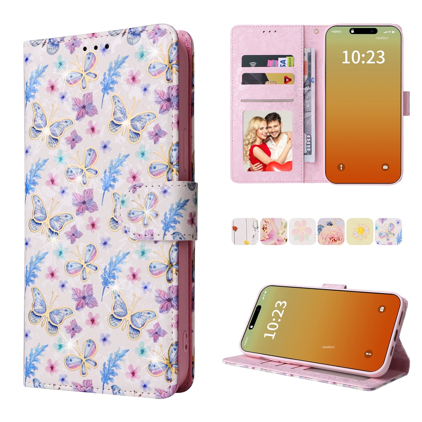 iPhone 15 Pro Luxury Bronzing Leather Case - Floral RFID Wallet Cover with Stand & Card Slots