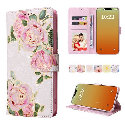 iPhone 15 Pro Luxury Bronzing Leather Case - Floral RFID Wallet Cover with Stand & Card Slots