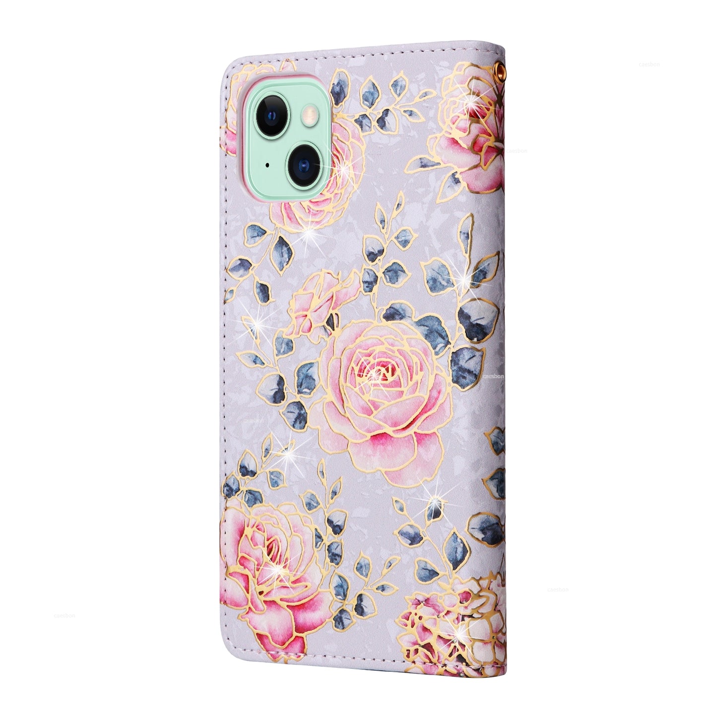 iPhone 15 Plus Luxury Bronzing Leather Case - Floral RFID Wallet Cover with Stand & Card Slots