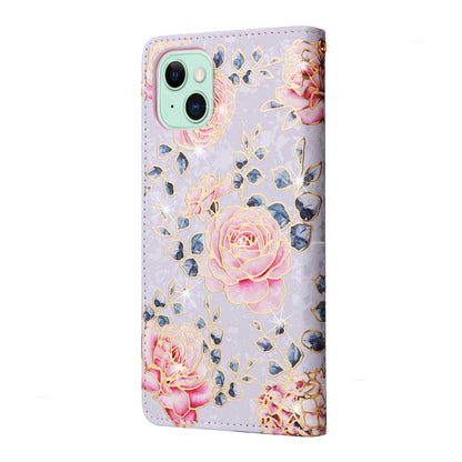 iPhone 15 Plus Luxury Bronzing Leather Case - Floral RFID Wallet Cover with Stand & Card Slots