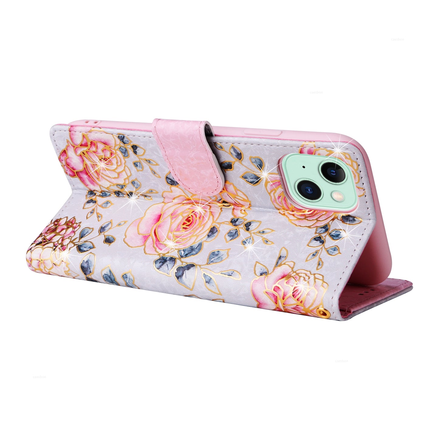 iPhone 15 Plus Luxury Bronzing Leather Case - Floral RFID Wallet Cover with Stand & Card Slots