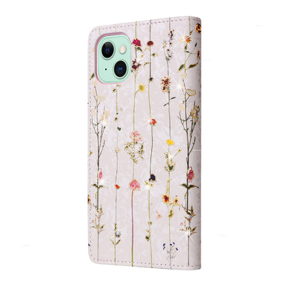 iPhone 15 Plus Luxury Bronzing Leather Case - Floral RFID Wallet Cover with Stand & Card Slots