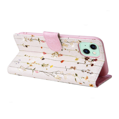 iPhone 15 Plus Luxury Bronzing Leather Case - Floral RFID Wallet Cover with Stand & Card Slots