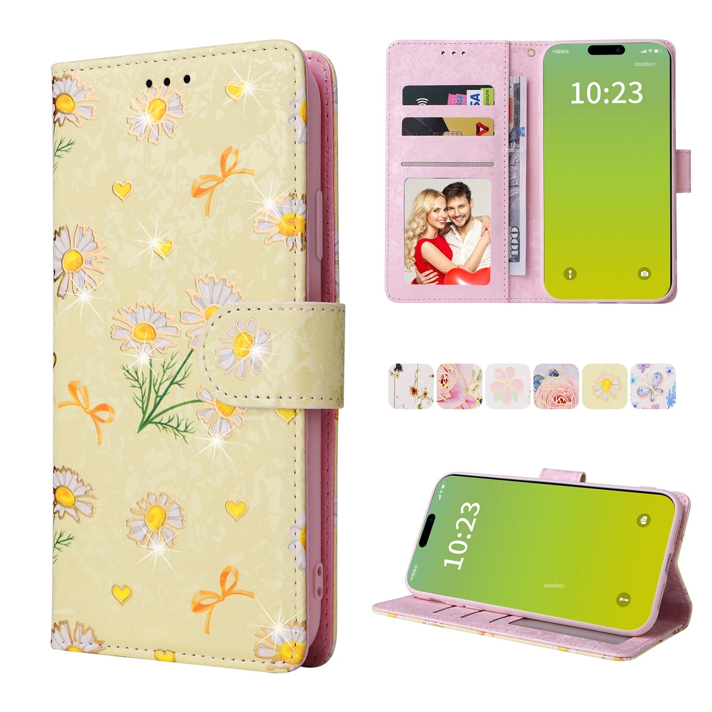 iPhone 15 Plus Luxury Bronzing Leather Case - Floral RFID Wallet Cover with Stand & Card Slots