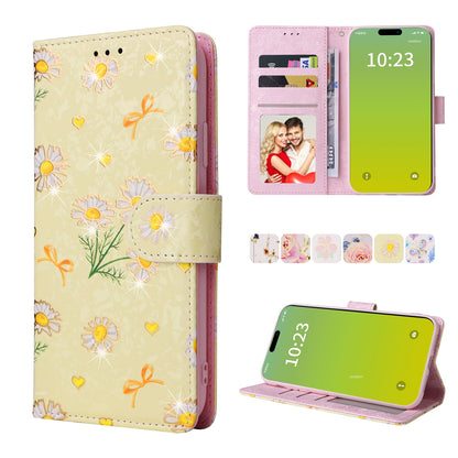 iPhone 15 Plus Luxury Bronzing Leather Case - Floral RFID Wallet Cover with Stand & Card Slots