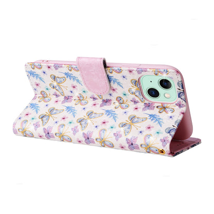 iPhone 15 Plus Luxury Bronzing Leather Case - Floral RFID Wallet Cover with Stand & Card Slots