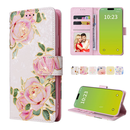 iPhone 15 Plus Luxury Bronzing Leather Case - Floral RFID Wallet Cover with Stand & Card Slots