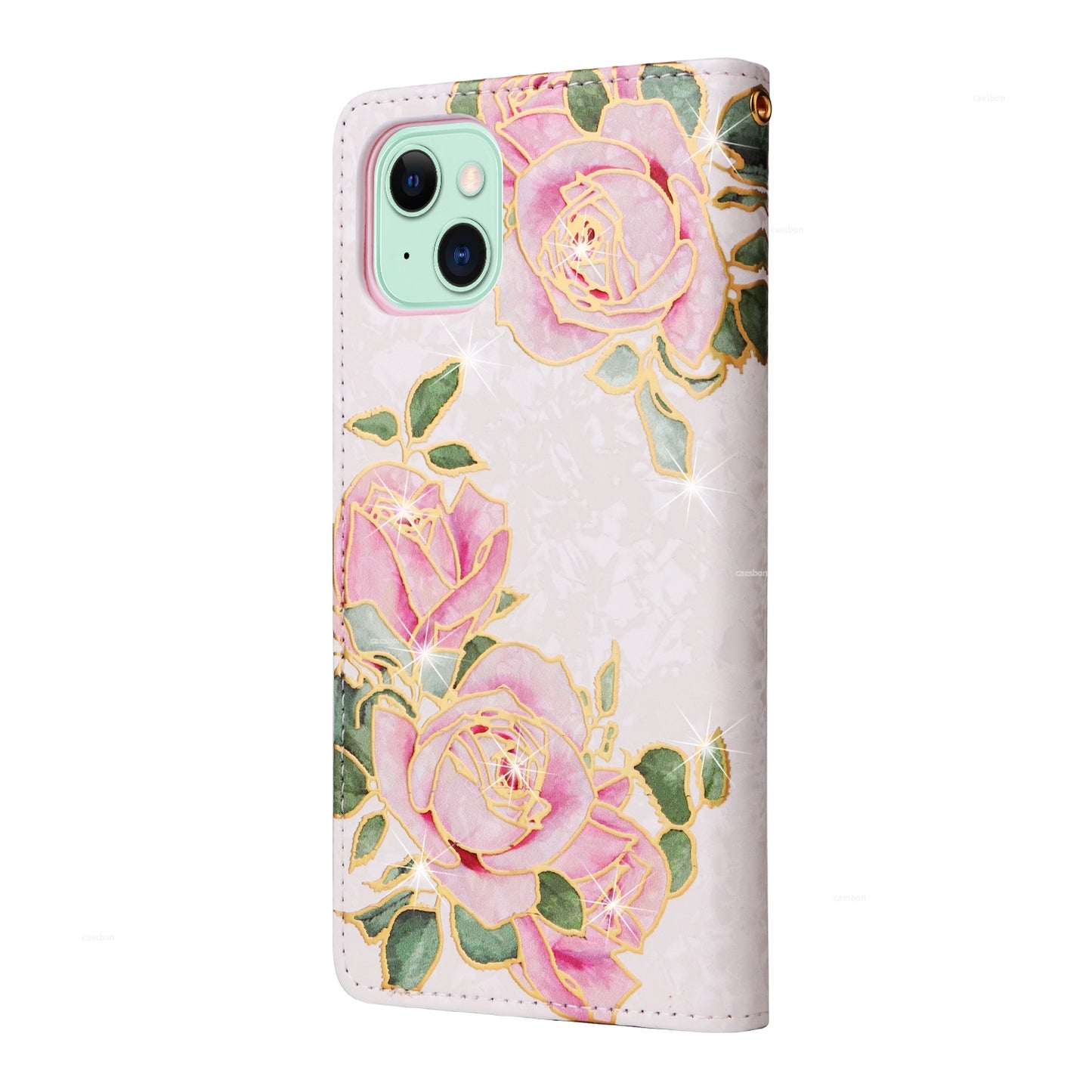 iPhone 15 Plus Luxury Bronzing Leather Case - Floral RFID Wallet Cover with Stand & Card Slots