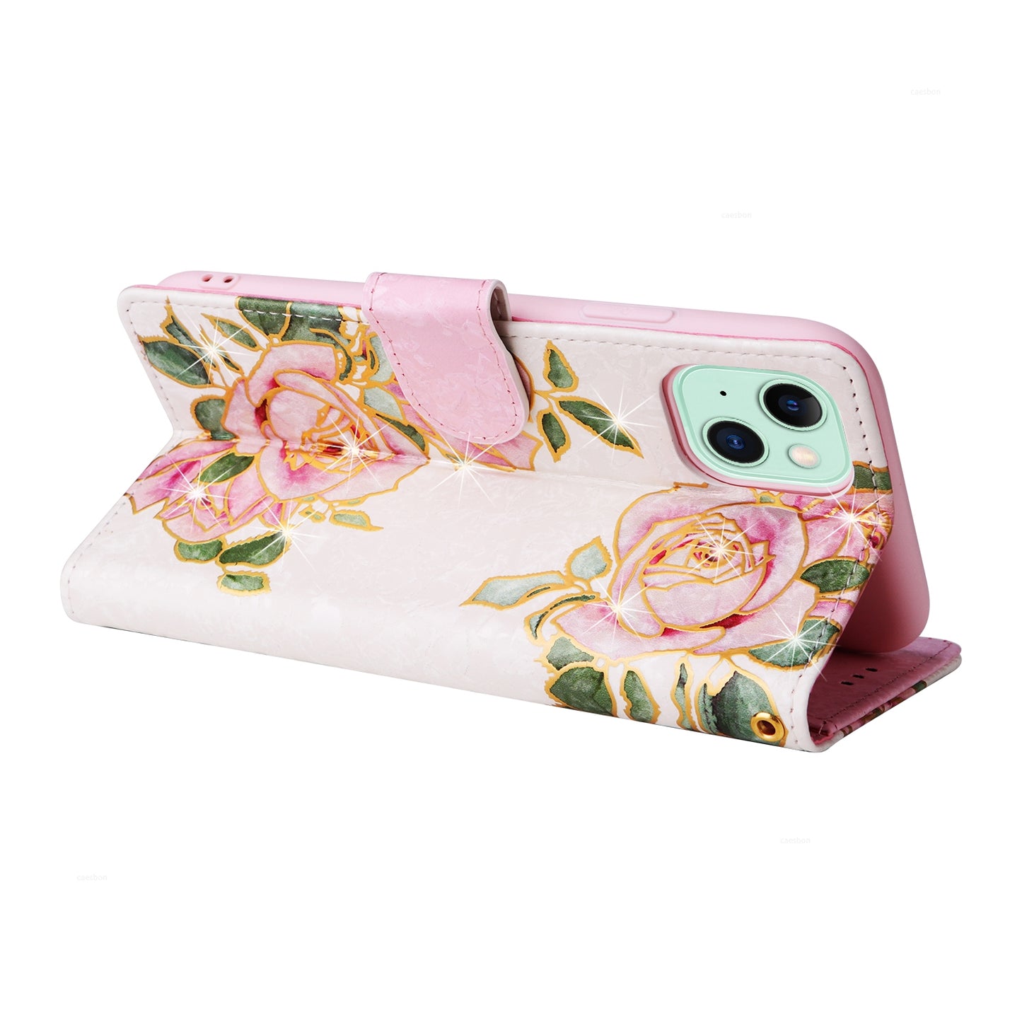 iPhone 15 Plus Luxury Bronzing Leather Case - Floral RFID Wallet Cover with Stand & Card Slots