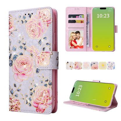 iPhone 15 Luxury Bronzing Leather Case - Floral RFID Wallet Cover with Stand & Card Slots