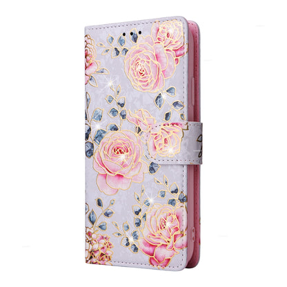 iPhone 15 Luxury Bronzing Leather Case - Floral RFID Wallet Cover with Stand & Card Slots