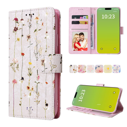 iPhone 15 Luxury Bronzing Leather Case - Floral RFID Wallet Cover with Stand & Card Slots