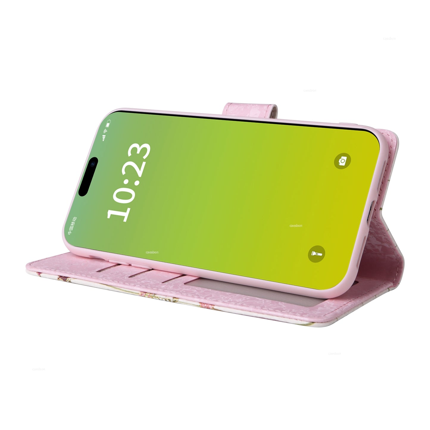 iPhone 15 Luxury Bronzing Leather Case - Floral RFID Wallet Cover with Stand & Card Slots