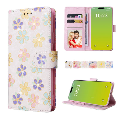 iPhone 15 Luxury Bronzing Leather Case - Floral RFID Wallet Cover with Stand & Card Slots