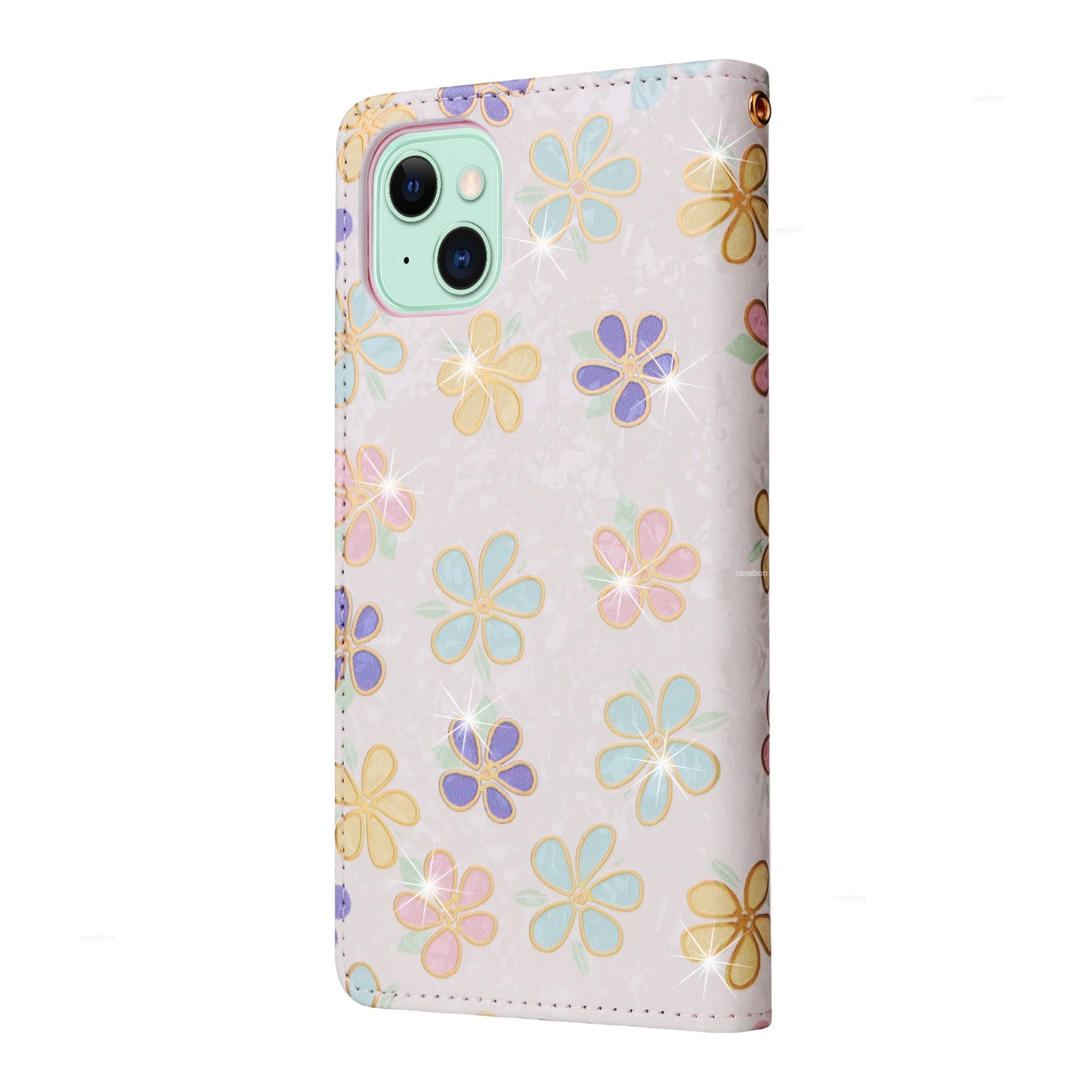 iPhone 15 Luxury Bronzing Leather Case - Floral RFID Wallet Cover with Stand & Card Slots