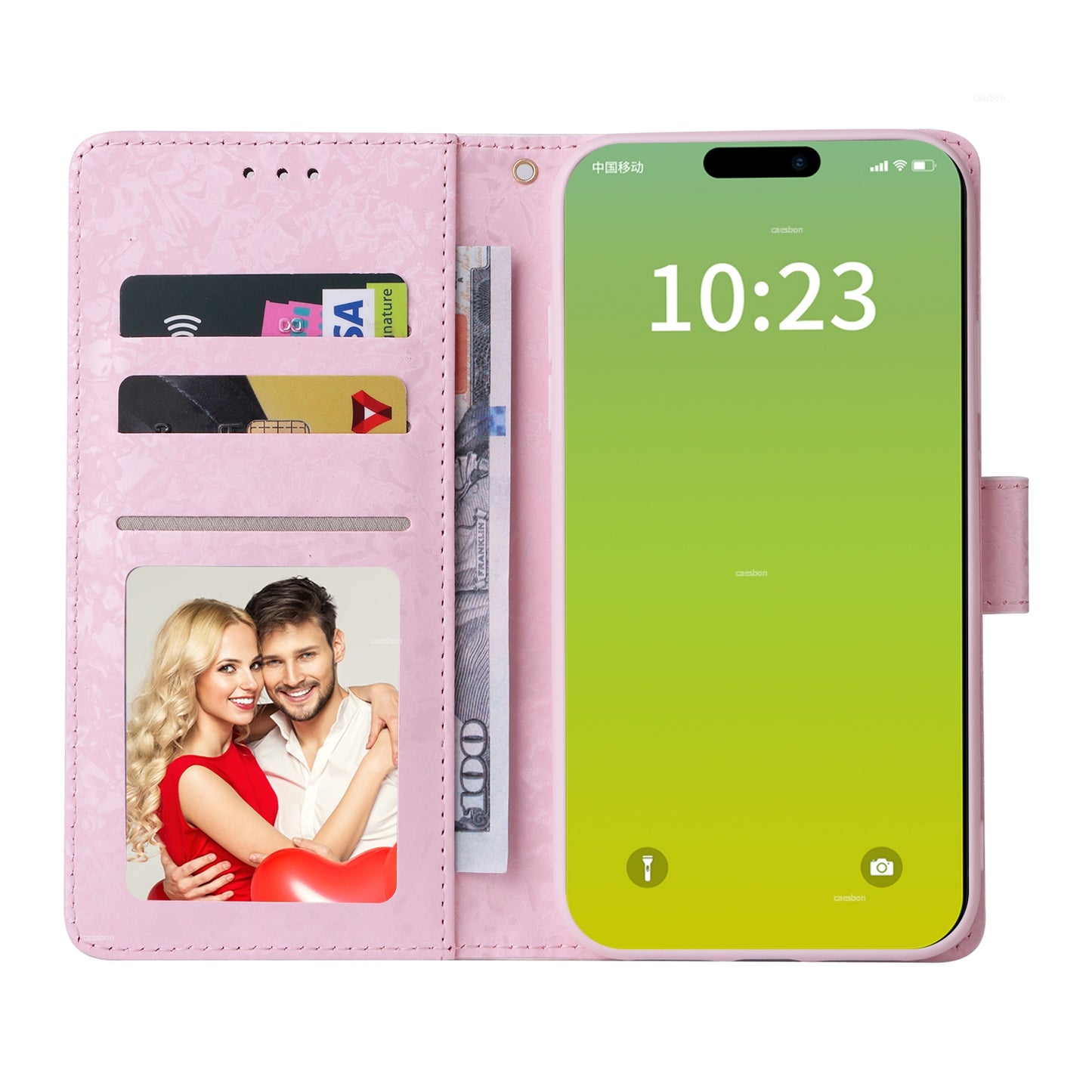 iPhone 15 Luxury Bronzing Leather Case - Floral RFID Wallet Cover with Stand & Card Slots