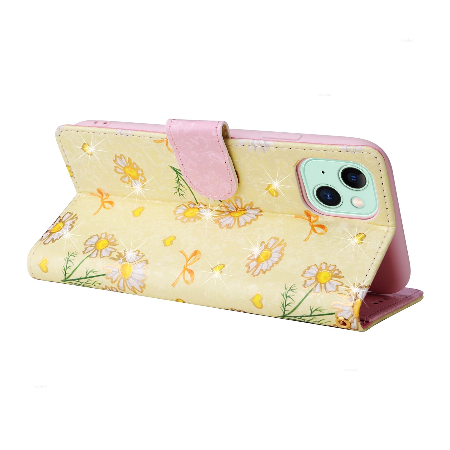 iPhone 15 Luxury Bronzing Leather Case - Floral RFID Wallet Cover with Stand & Card Slots