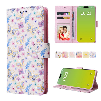 iPhone 15 Luxury Bronzing Leather Case - Floral RFID Wallet Cover with Stand & Card Slots