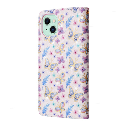 iPhone 15 Luxury Bronzing Leather Case - Floral RFID Wallet Cover with Stand & Card Slots