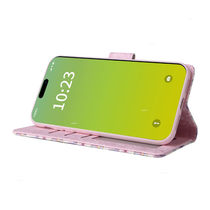 iPhone 15 Luxury Bronzing Leather Case - Floral RFID Wallet Cover with Stand & Card Slots