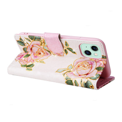 iPhone 15 Luxury Bronzing Leather Case - Floral RFID Wallet Cover with Stand & Card Slots