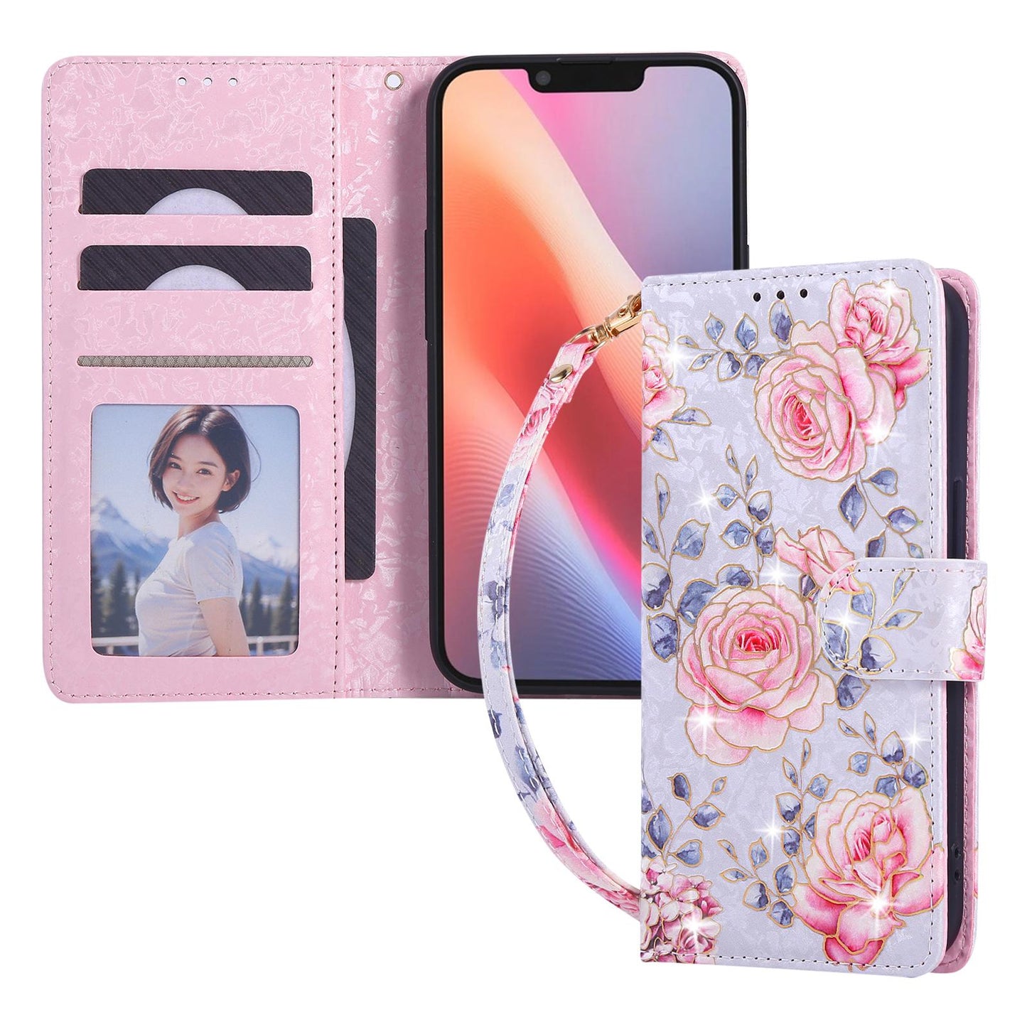 iPhone 16e Luxury Bronzing Leather Case - Floral RFID Wallet Cover with Stand & Card Slots