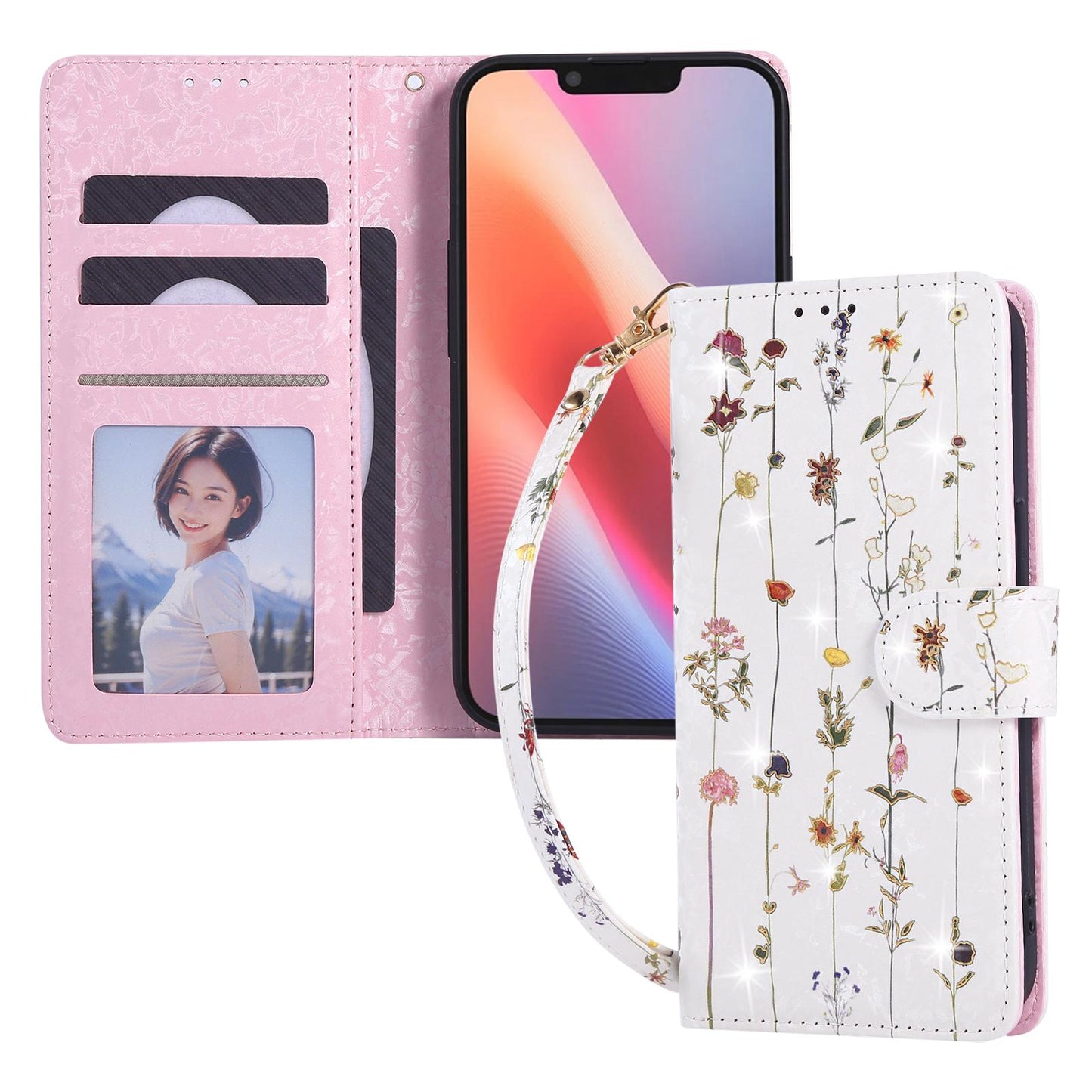 iPhone 16e Luxury Bronzing Leather Case - Floral RFID Wallet Cover with Stand & Card Slots