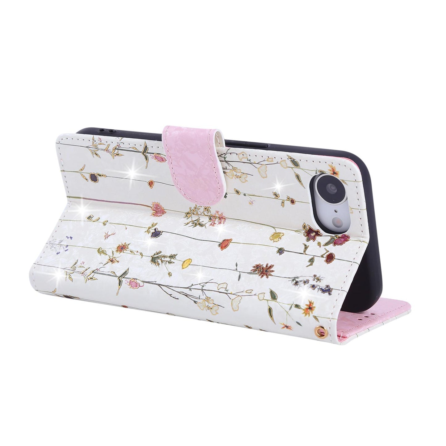 iPhone 16e Luxury Bronzing Leather Case - Floral RFID Wallet Cover with Stand & Card Slots