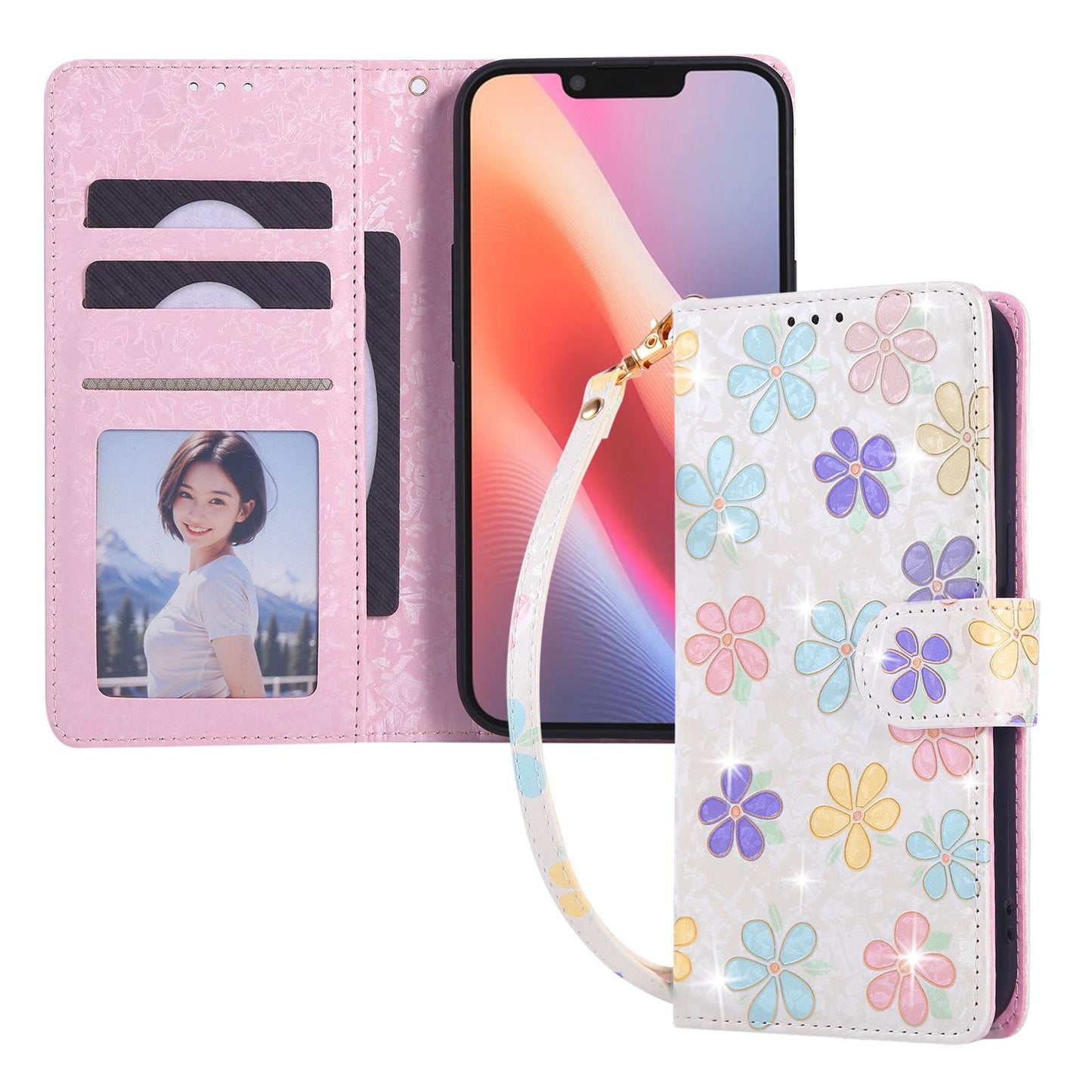 iPhone 16e Luxury Bronzing Leather Case - Floral RFID Wallet Cover with Stand & Card Slots