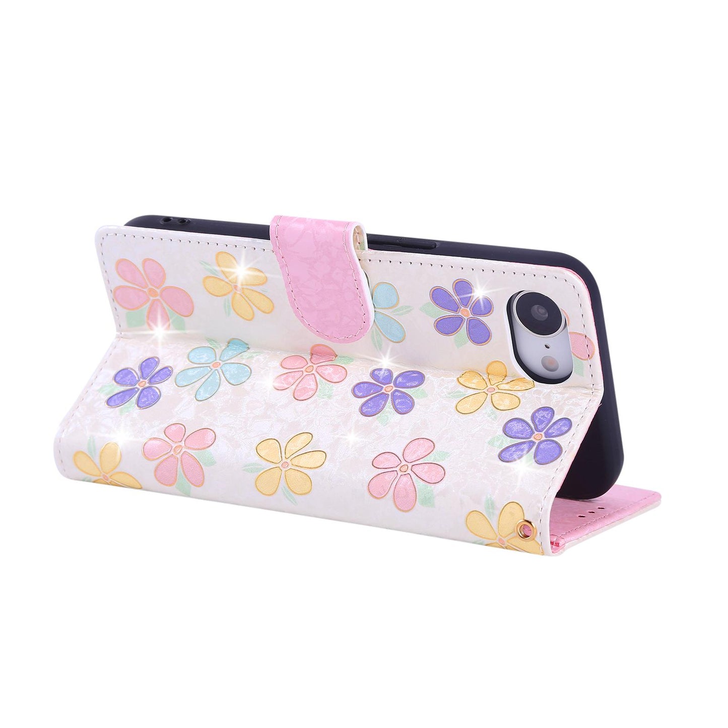 iPhone 16e Luxury Bronzing Leather Case - Floral RFID Wallet Cover with Stand & Card Slots